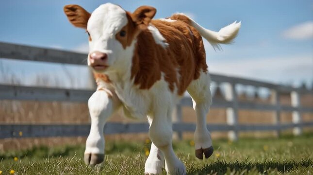 Cute brown and white calf running towards camera in field