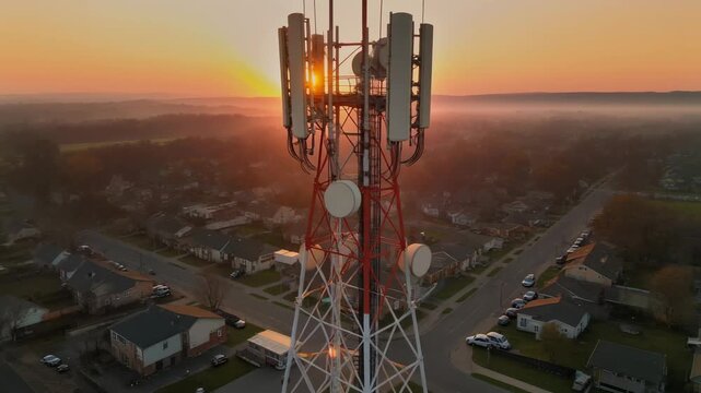 Aerial sunrise over suburban neighborhood with cell tower communication antennas broadcasting signal across misty landscape technology infrastructure development connectivity