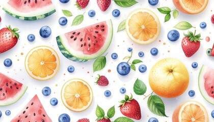 Hand-painted watercolor fruit pattern featuring citrus, berries, and watermelon in a seamless layout with soft colors and a bright artistic look.