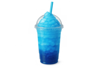 Blue raspberry flavored slushie drink in a disposable plastic cup, a cold and sweet frozen beverage, isolated on transparent background