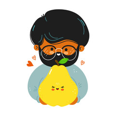 Cute man hugging kawaii pear with love
