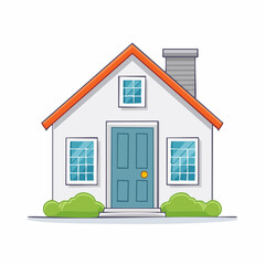 Charming Home Illustration A Quaint House with Blue Door, Orange Roof, and Green Bushes Against a White Background