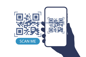 Mobile phone with QR code scanner in hand, representing secure contactless payment, digital access, and barcode verification for UI/UX, web pages, and app promotions.