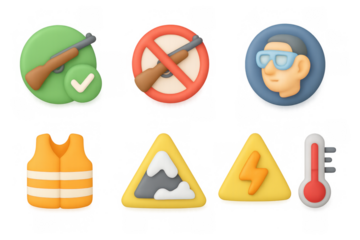 Safety and alert icons in modern 3d style for outdoor and adventure guides