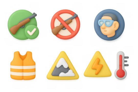 Safety and alert icons in modern 3d style for outdoor and adventure guides