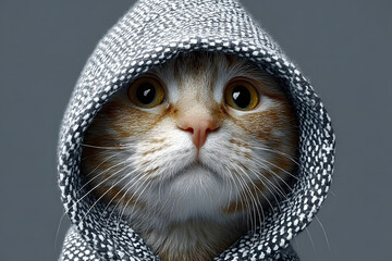 a cat wearing a hoodie with a grey background
