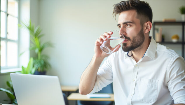 a man drinks water from a glass while sitting at a desk with a laptop in the office