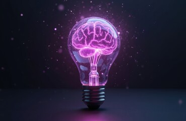 Illustration of glowing brain inside light bulb. Brain lights up with purple energy. Idea concept visualization, creativity, innovation. Symbol of mind, intelligence. Brainstorming, new thoughts.