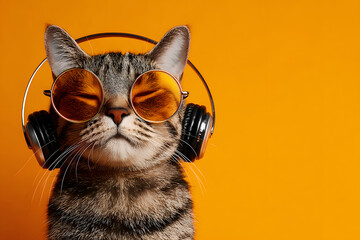 a cat wearing headphones and glasses on an orange background