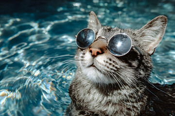 a cat wearing sunglasses in a pool