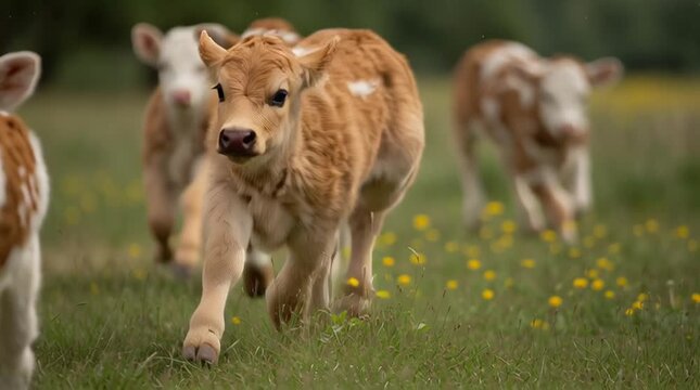 Group of young calf running toward camera in grassy field