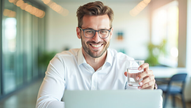 a man drinks water from a glass while sitting at a desk with a laptop in the office - Powered by Adobe
