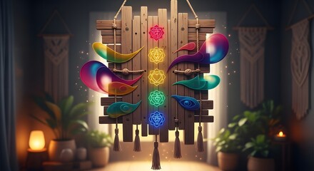 Chakra symbols hanging on wooden board with colorful accents in a serene and spiritual home setting