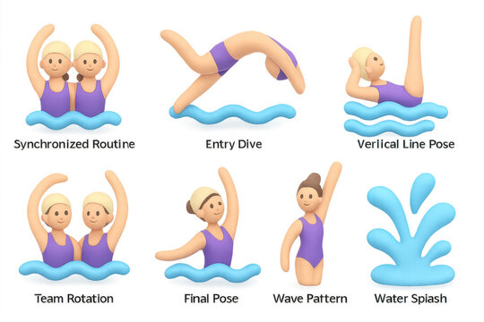 Synchronized swimming: animated characters in colorful 3d water poses