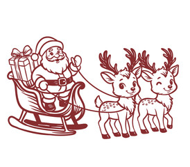 Vector line illustration of Santa Claus riding a sleigh with gifts pulled by two cute reindeer. Festive Christmas outline design perfect for holiday cards, decor, stickers and seasonal projects.