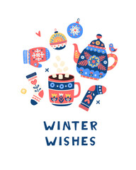Warm Winter Hygge Set with Teapot, Mug, Mittens and Ornaments, Cozy Holiday Illustration