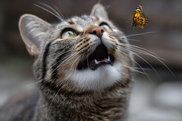a cat looking up at a butterfly flying above it