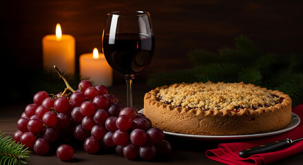 Cozy autumn evening with apple pie grapes and wine by candlelight