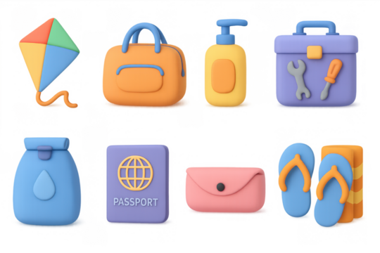3d travel essentials set: colorful items for adventure and exploration - Powered by Adobe