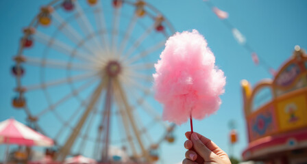 Hand holds pink cotton candy on stick with ferris wheel and amusement park rides blurred in background. Summertime fun at fairground outdoors on a clear sunny day.