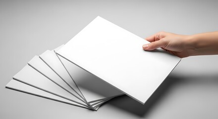 Hand holding a blank white brochure or magazine over a stack of similar blank items on a grey background, ready for design presentation