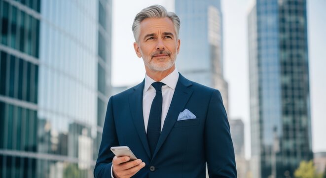 Distinguished businessman in suit holding smartphone with modern city buildings background