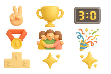 3d colorful icons of trophy, medal, timer, and celebration elements