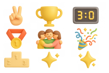 3d colorful icons of trophy, medal, timer, and celebration elements