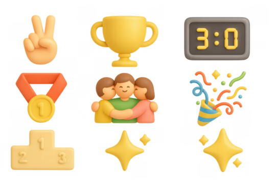 3d colorful icons of trophy, medal, timer, and celebration elements