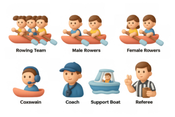 Animated team rowing characters and elements with coach and referee in 3d style
