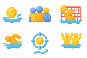 Colorful 3d water polo icons with team players and sports equipment