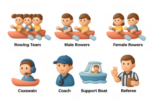 Animated team rowing characters and elements with coach and referee in 3d style