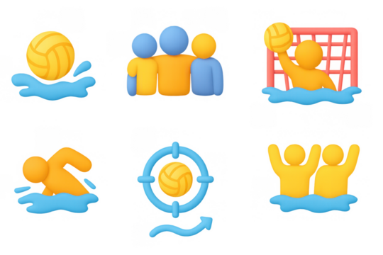 Colorful 3d water polo icons with team players and sports equipment