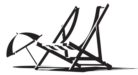 Silhouette of Beach Sun Lounger and Umbrella on Sand by the Sea.