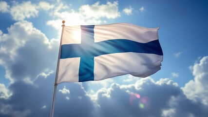 Finland flag waving proudly against a vibrant blue sky with fluffy clouds, embodying national pride and patriotic spirit in a dynamic scene