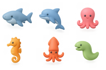 Adorable cartoon sea creatures with cute faces