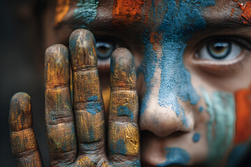 a close up of a person with painted hands