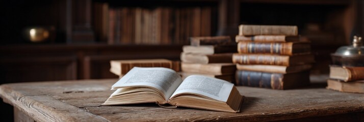Open book on rustic wooden table surrounded by vintage books in library