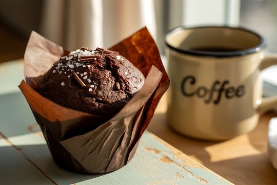 Chocolate muffin with coffee mug on table in morning light