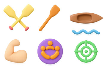 Colorful 3d paddling icons set with kayak, oars, and water elements