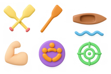 Colorful 3d paddling icons set with kayak, oars, and water elements