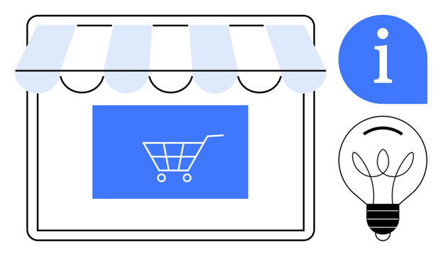 Digital storefront with striped awning and shopping cart on screen, light bulb icon, and information bubble. Ideal for e-commerce, innovation, online shopping, digital marketing, creativity