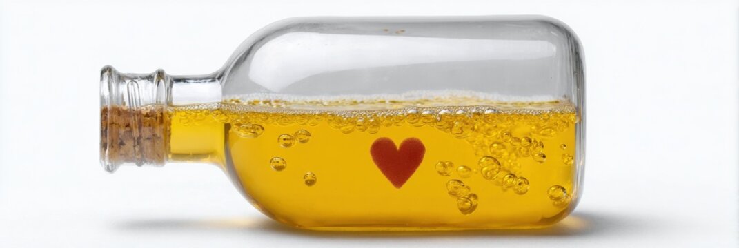 Small glass bottle with heart design and gold liquid bubbles on white background - Powered by Adobe