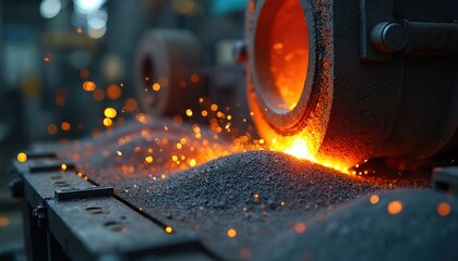 Molten metal glows orange hot pouring onto dark granular material. Sparks fly from intense heat in industrial manufacturing facility. Heavy machinery operates.