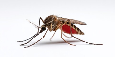 Close-up of female mosquito with red abdomen on white background