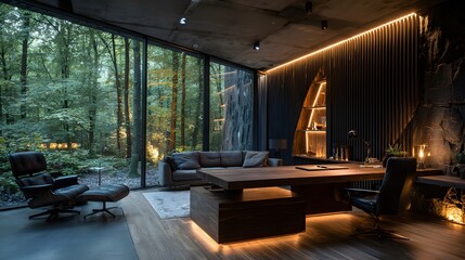 Naklejka premium Sophisticated and moody modern office at night features a dark wood desk, a black leather chair, and minimalist walls with warm, integrated light.