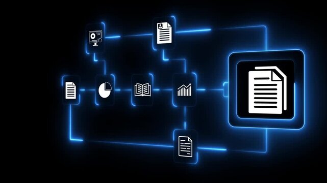 Businesswoman working on virtual screen animation. Online documentation database, IT consultant being set up Virtual Document Management System with a laptop, document icon symbol