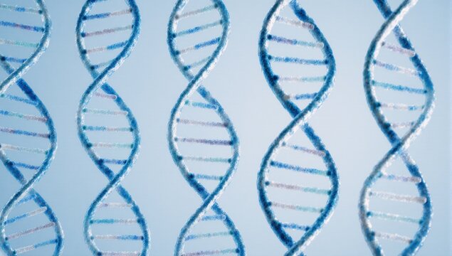 A digital illustration of multiple DNA strands on a light blue background