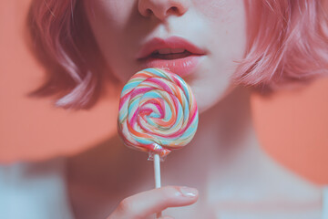 a woman holding a lollipop in front of her face