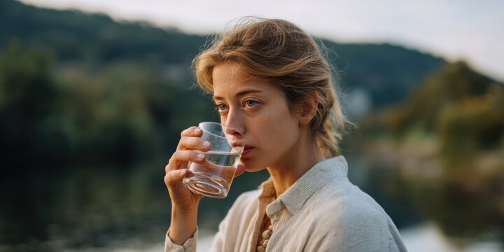 Young caucasian female drinking water outdoors near forested area